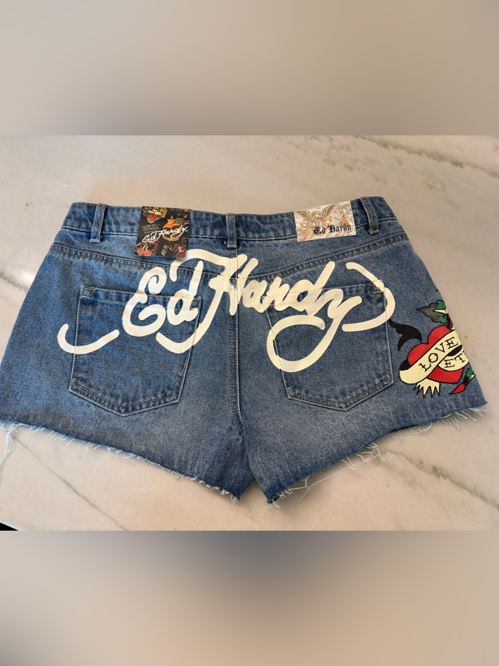 Y2K Ed Hardy Mcbling Biker Babe Vtg Wash Denim Mini Shorts “Eternal Love” Size L